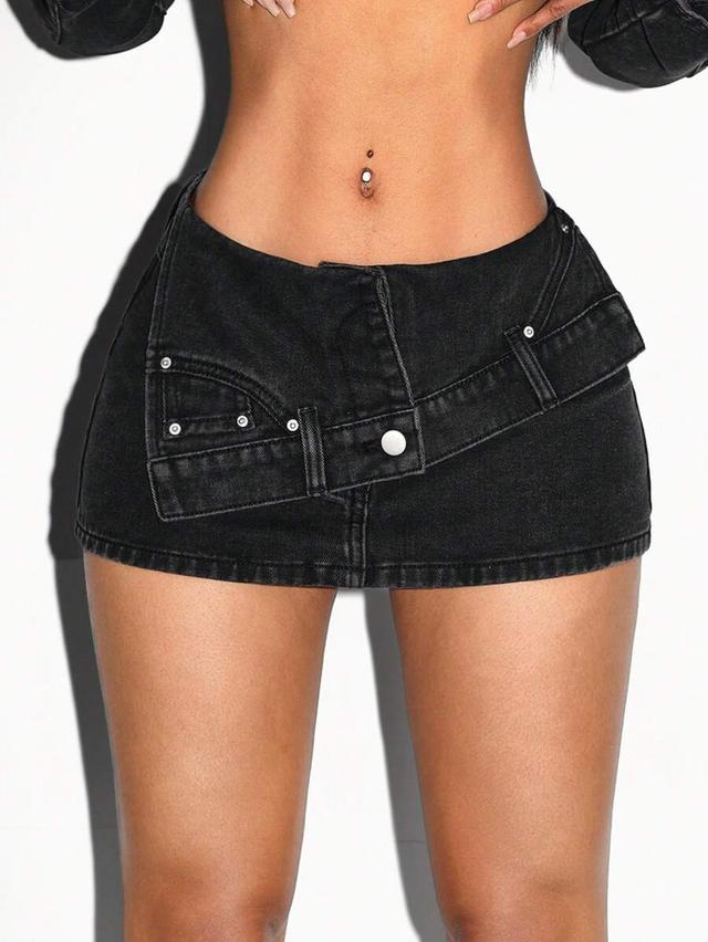 petite low waist black denim mini skirt