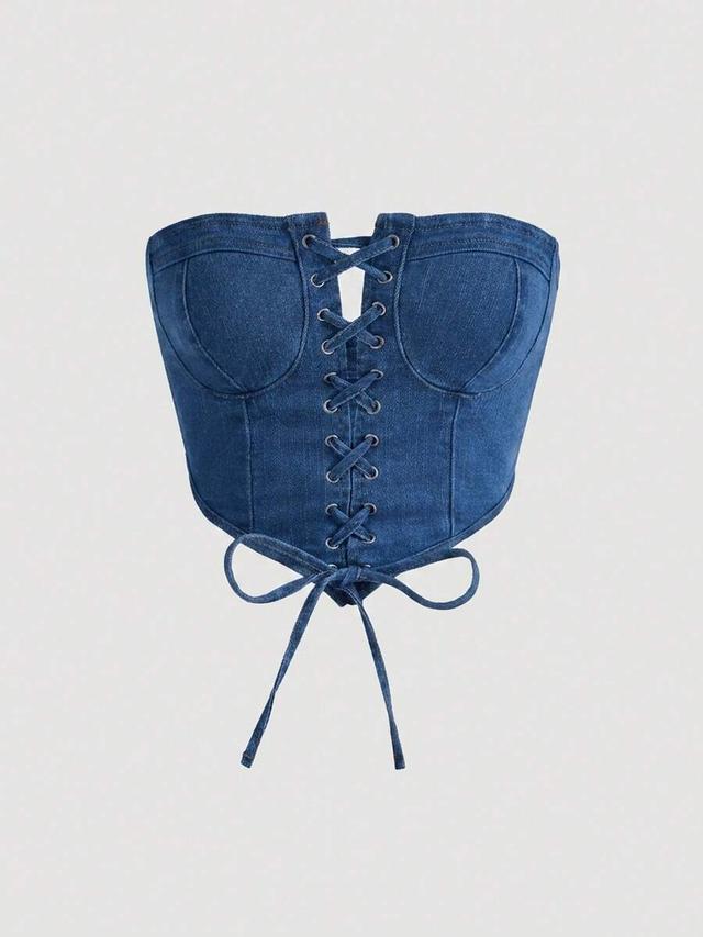 denim lace-up corset tube top
