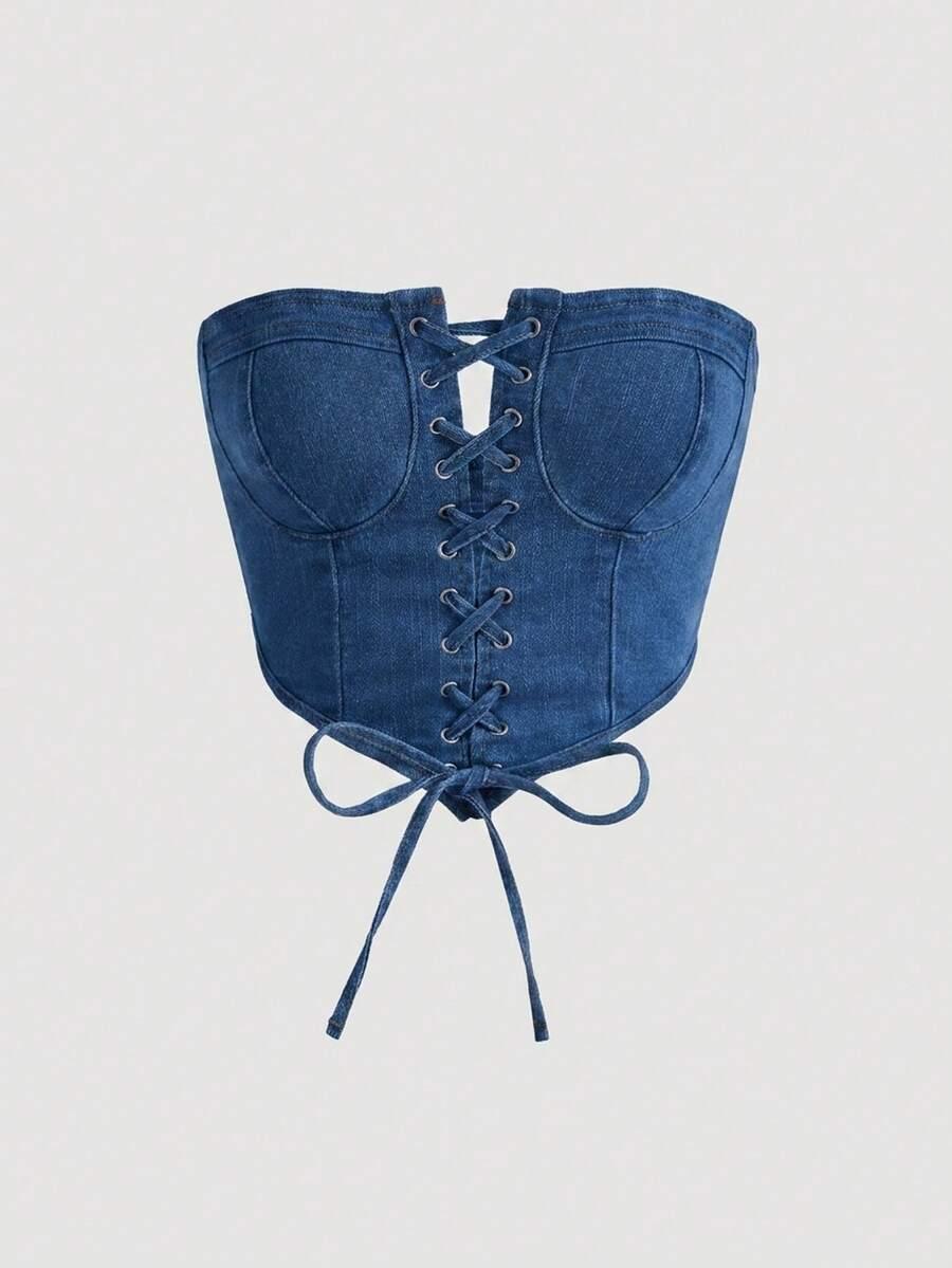 denim lace-up corset tube top