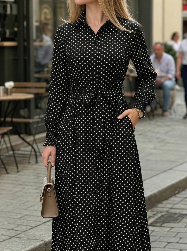 elegant black polka dot print tie waist shirt dress