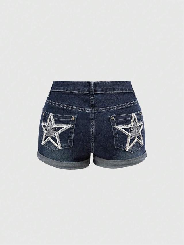 dark wash denim shorts with embroidered star pockets