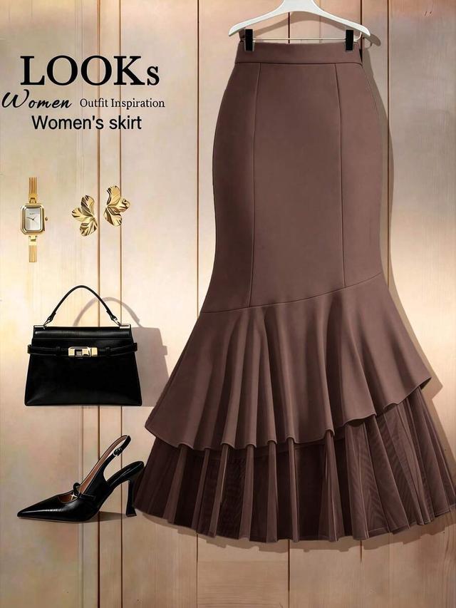 high waist brown ruffle hem bodycon midi skirt