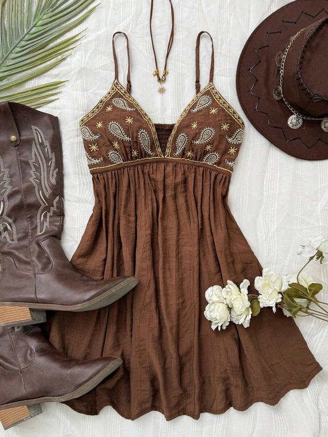 brown embroidered paisley cotton camisole mini dress