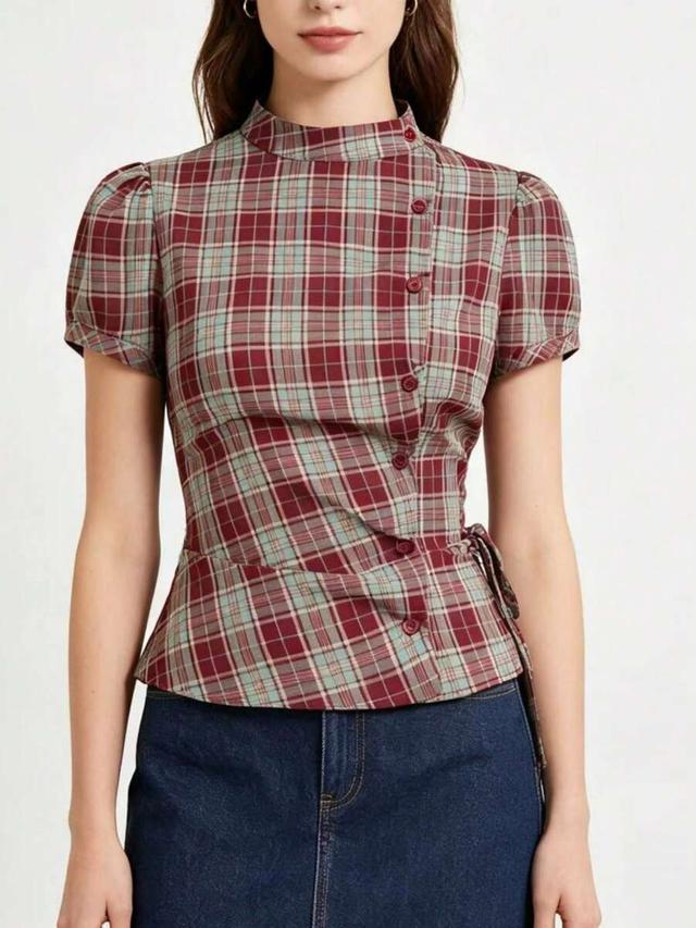 women's plaid collar puff sleeve tie-up button front blouse