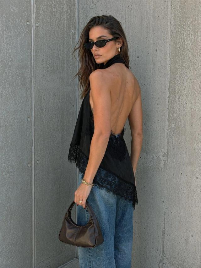 black halter neck backless lace trim asymmetrical blouse