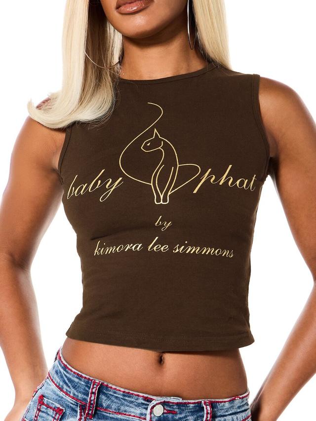 brown cotton sleeveless tank top with cat logo print