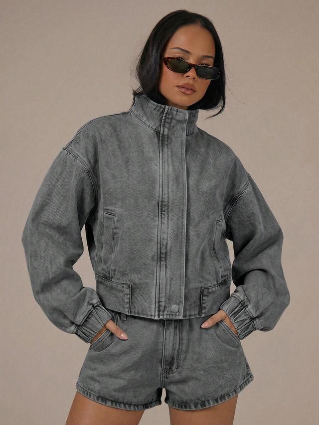 grey denim high neck balloon sleeve zip jacket