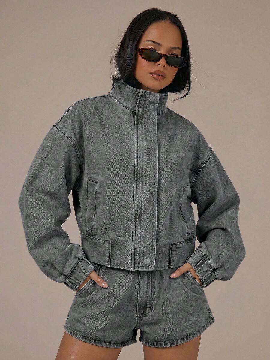 grey denim high neck balloon sleeve zip jacket
