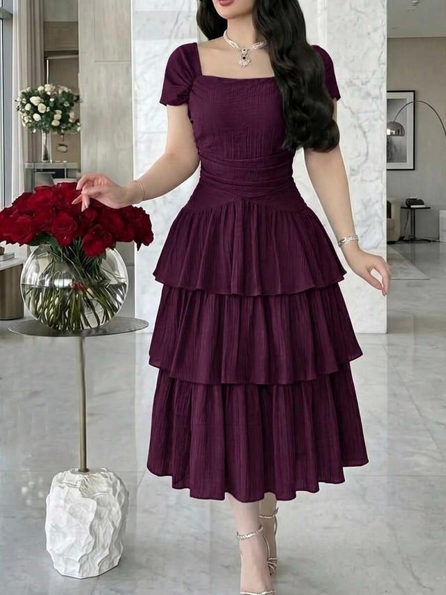 feyla deep purple textured ruffle hem midi dress