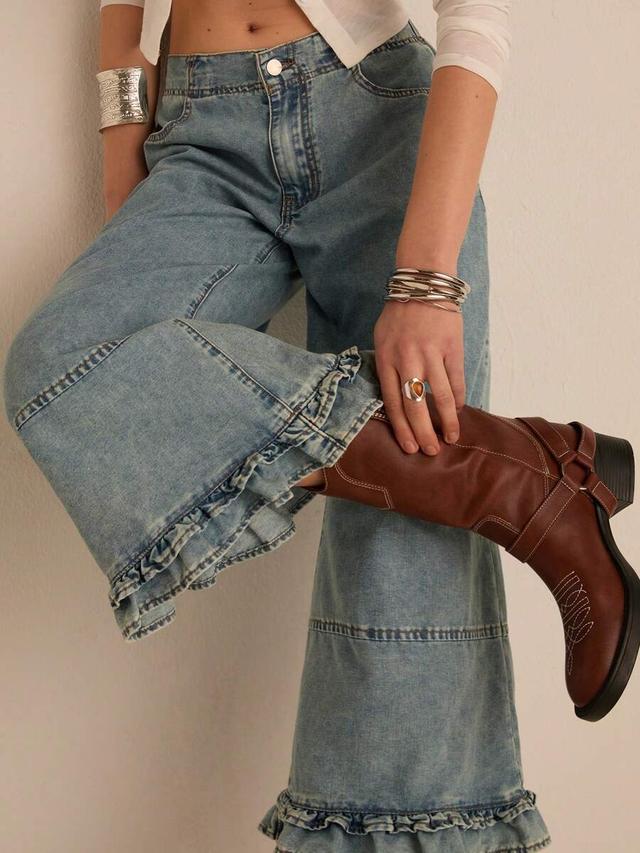 light wash low waist frill trim wide leg jeans