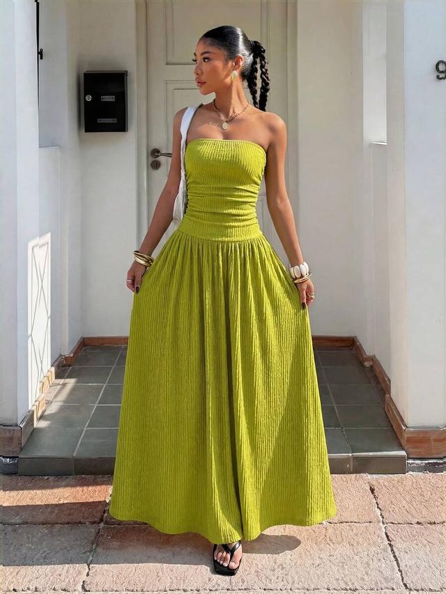 lime green textured strapless maxi dress