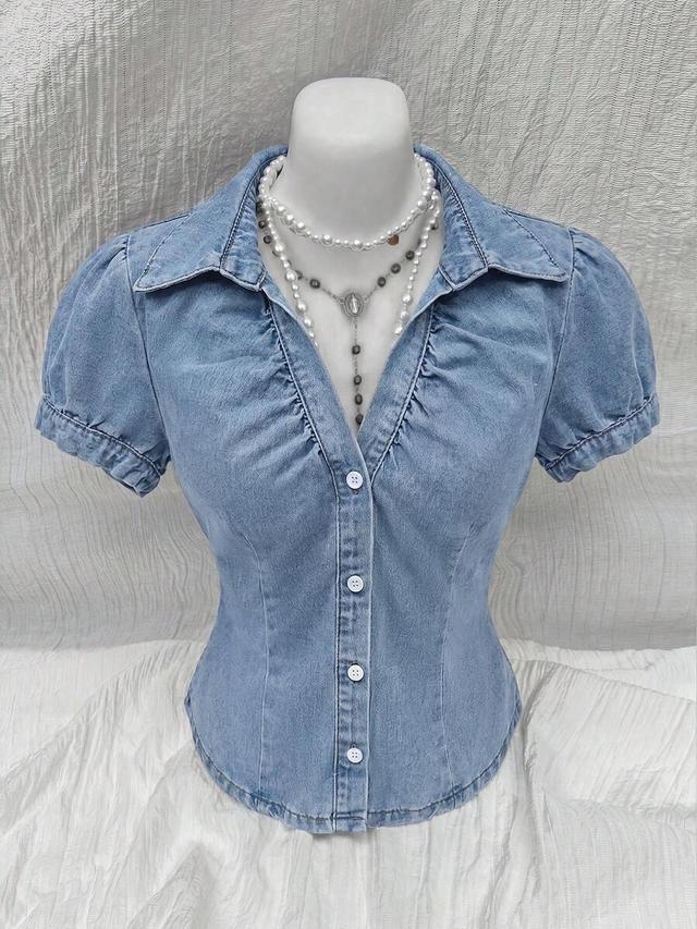 elamini v-neck ruched chest washed denim shirt