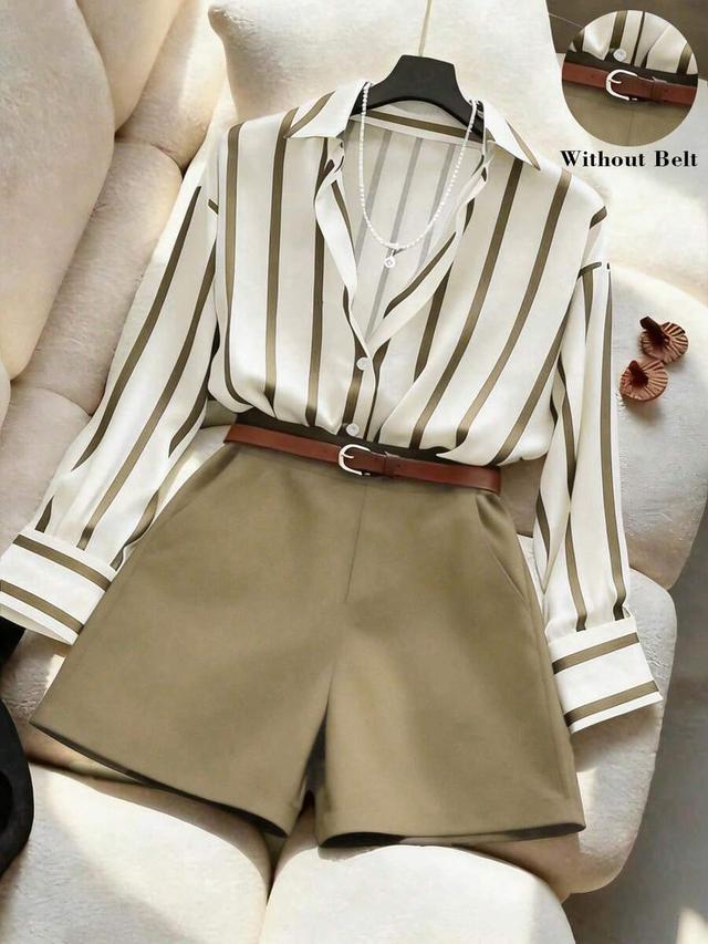 striped long sleeve shirt with high waist olive shorts