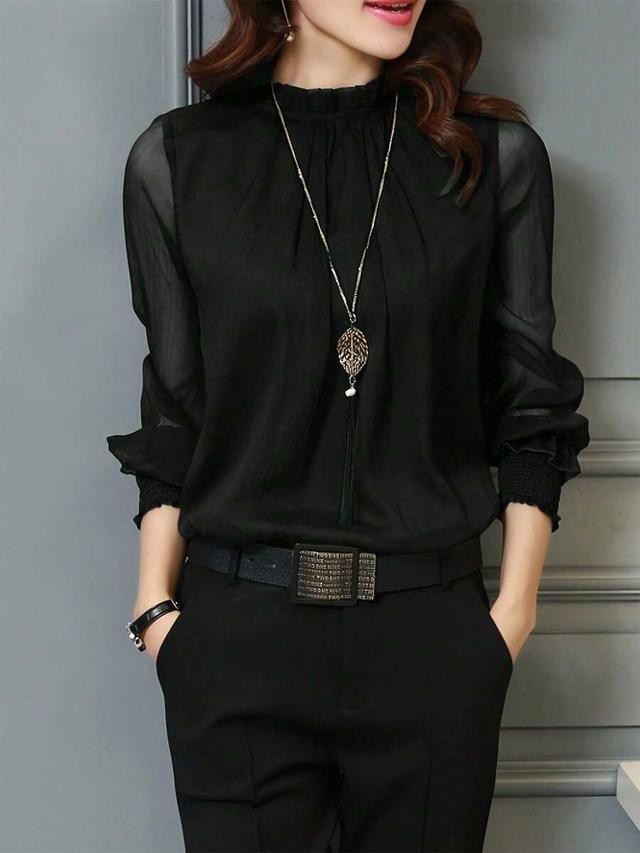 women sheer solid color blouse