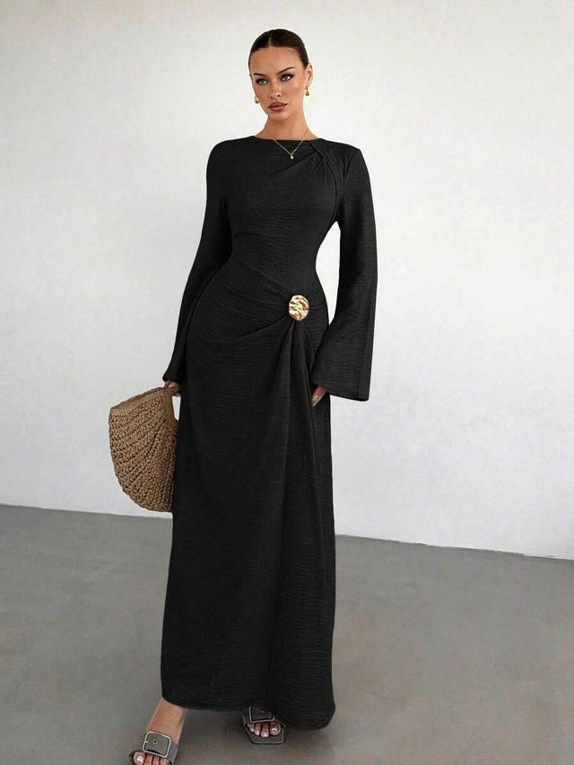 siren gaze solid black twist front buckle flare dress
