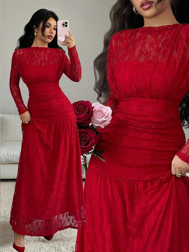 red lace ruched long sleeve bodycon dress