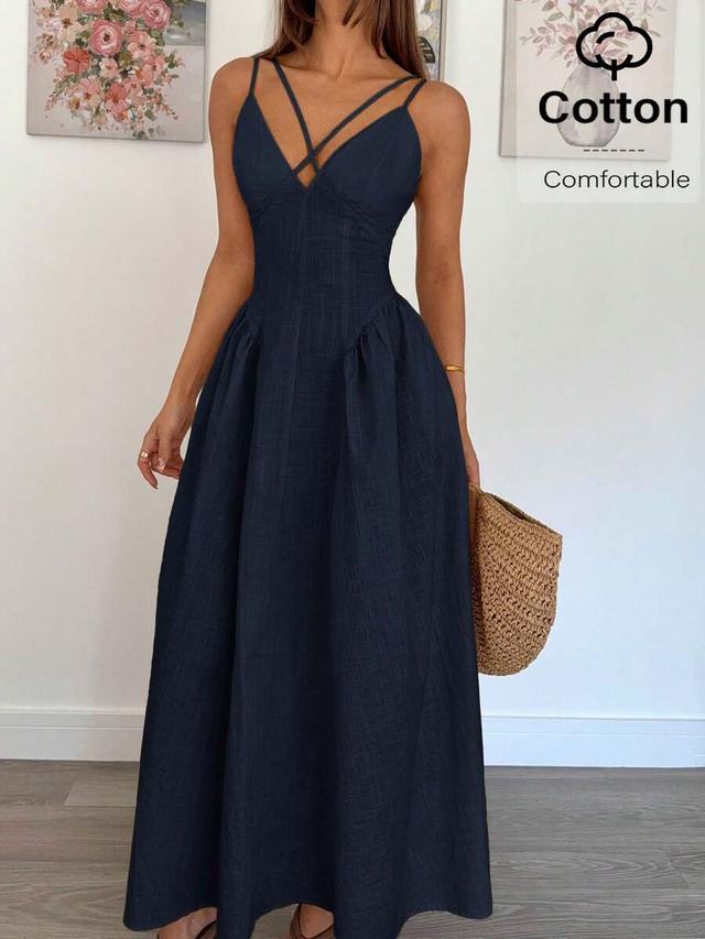 siren gaze navy blue criss-cross maxi slip dress