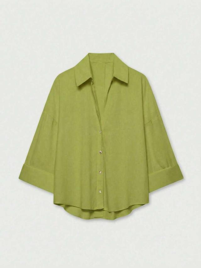 lime green casual loose fit linen blend blouse