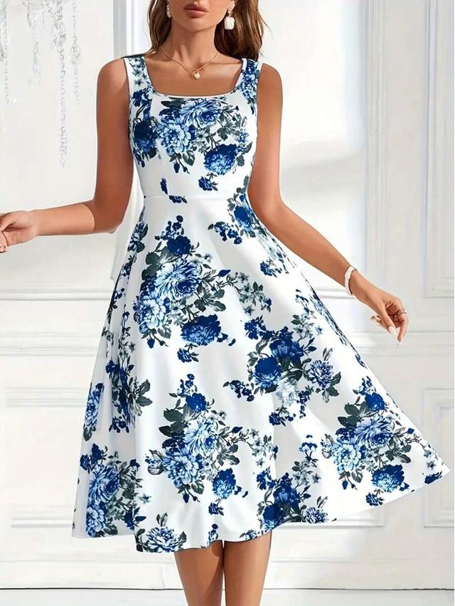 floral print sleeveless square neck midi dress