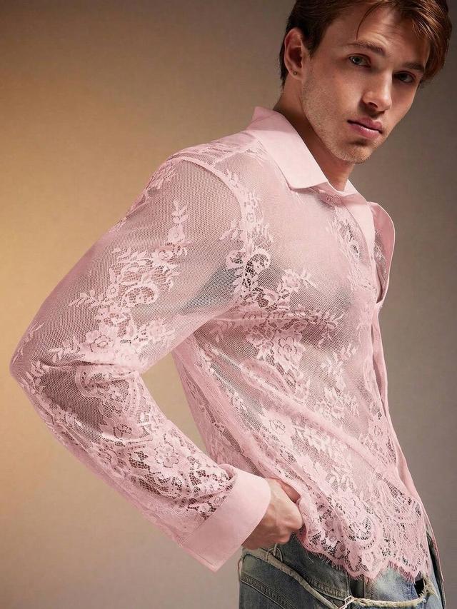 fevercity men's fashionable sexy sheer lace mesh shirt