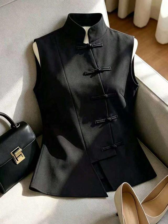 black sleeveless stand-up collar cheongsam top