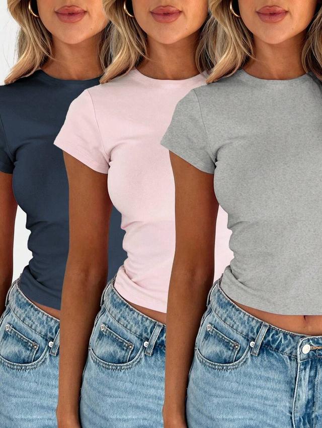 pink inawly women plain round neck short sleeve casual t-shirt