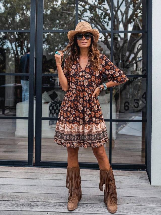 boho floral print short sleeve tiered mini dress