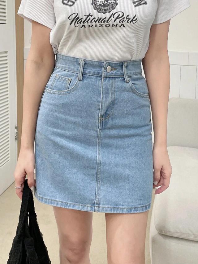 light wash high waist denim mini skirt