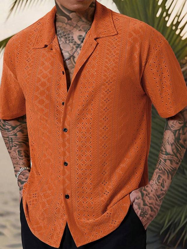 orange textured jacquard short-sleeved casual shirt