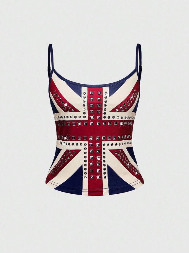 union jack uk flag print rhinestone rivet camisole top