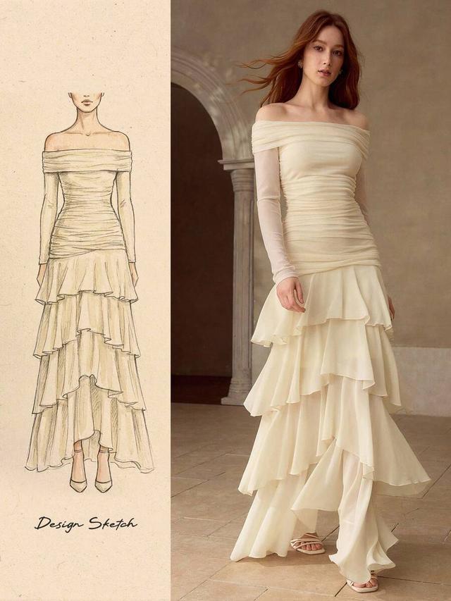 cream off-shoulder ruched long tiered dress