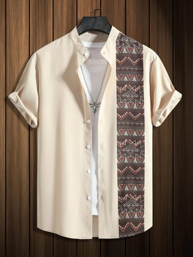 beige short sleeve shirt with geometric print panel
