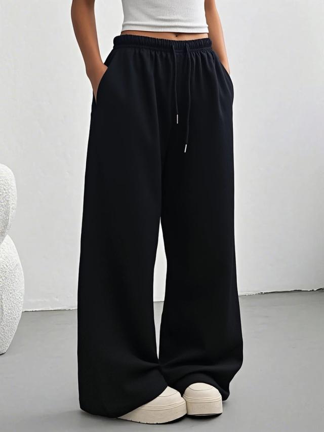 women's casual solid black drawstring waist sports pants