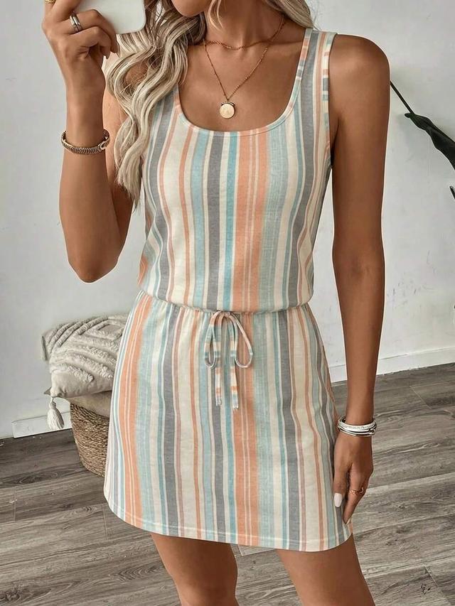 striped cotton jersey sleeveless drawstring mini dress