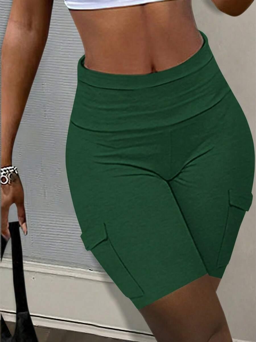 casual green knit cargo cycling shorts