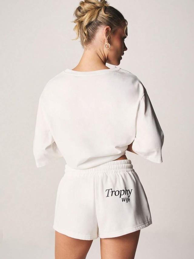 white trophy wife slogan sweat shorts with drawstring waist