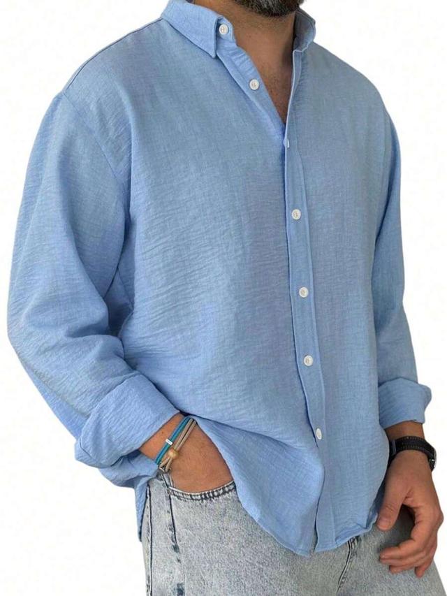men's solid blue casual long sleeve linen shirt