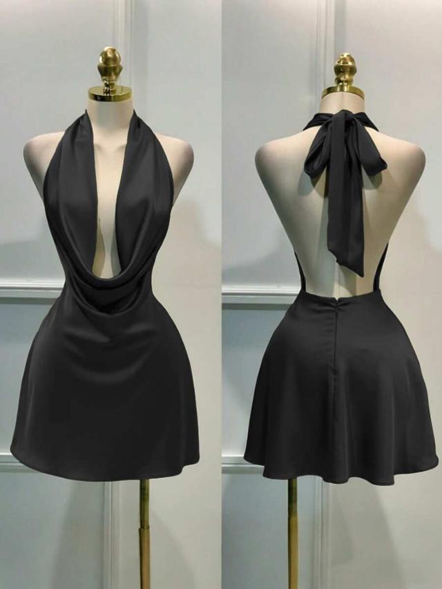 solid black satin draped backless mini dress