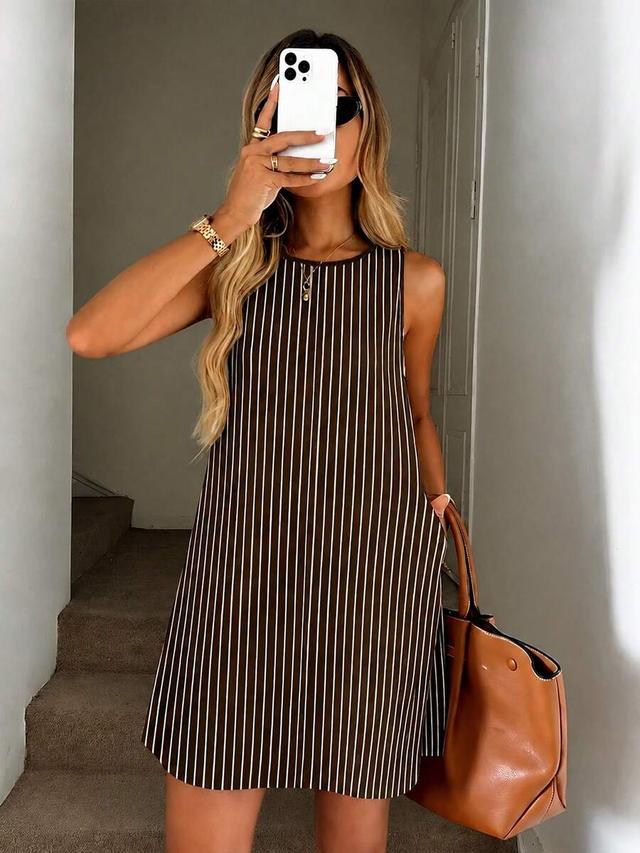 brown striped sleeveless a-line shift dress