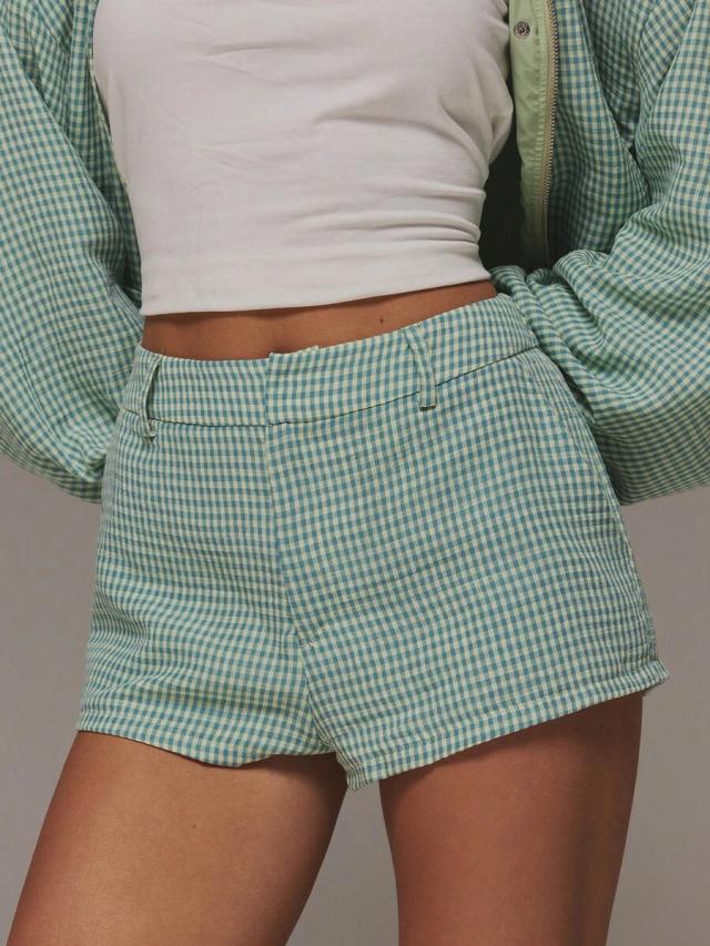 green gingham mini shorts