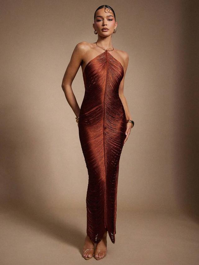 copper metallic fringe halter party dress