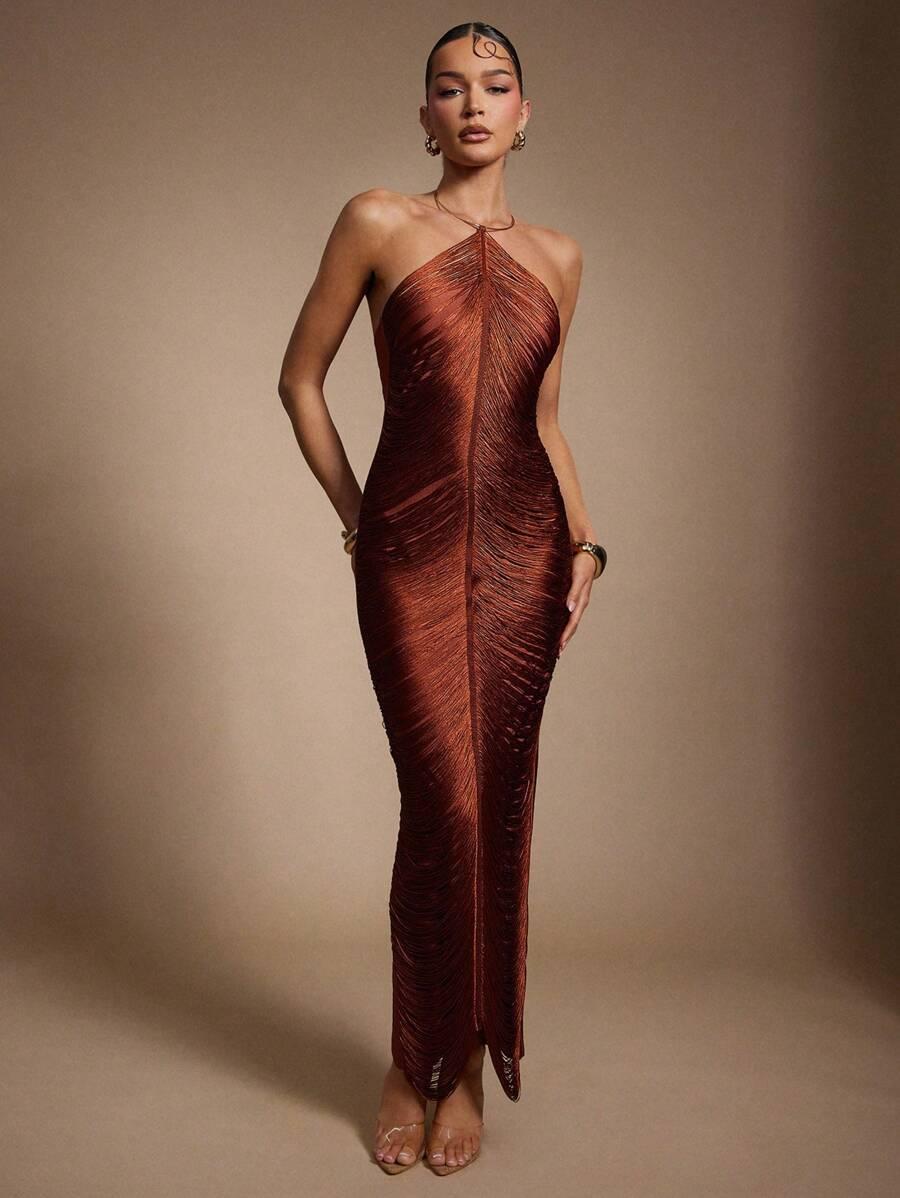 copper metallic fringe halter party dress