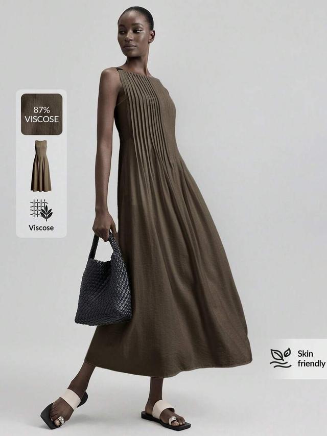 elegant coffee brown pleated midi dress with ribbon straps