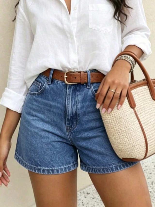 high waisted casual blue denim shorts