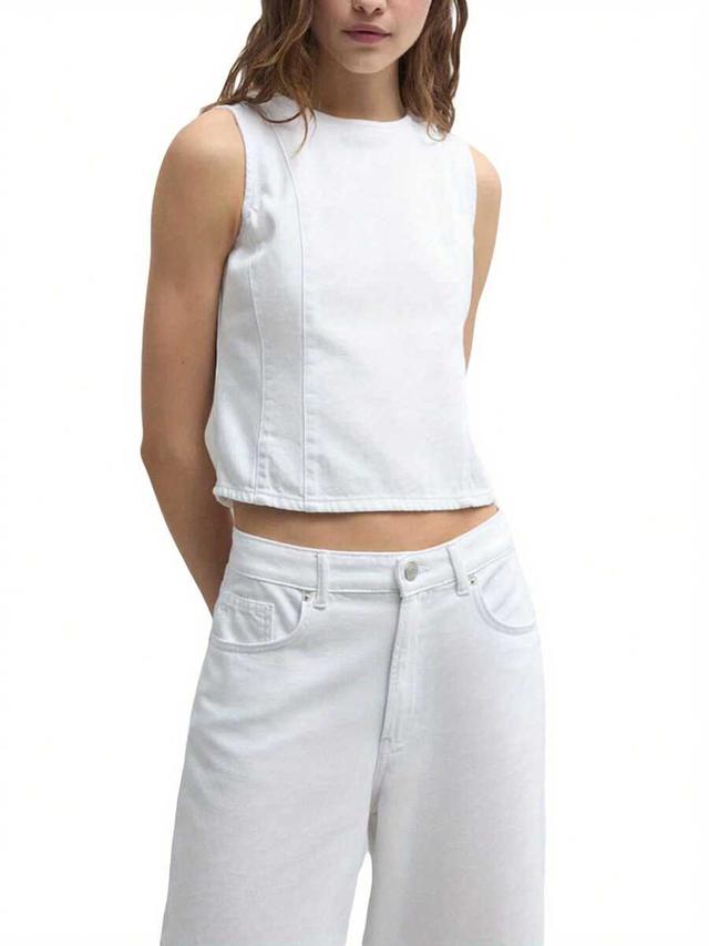 women's white denim open back tie-up tank top