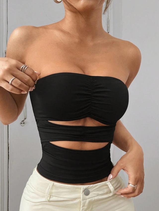 black strapless ruched cut out slim fit top