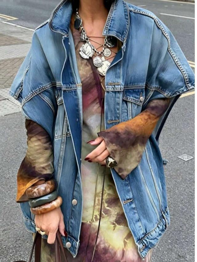 vintage washed denim cocoon jacket with pop art style