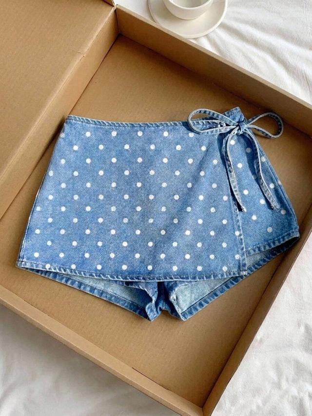 blue polka dot casual denim skort