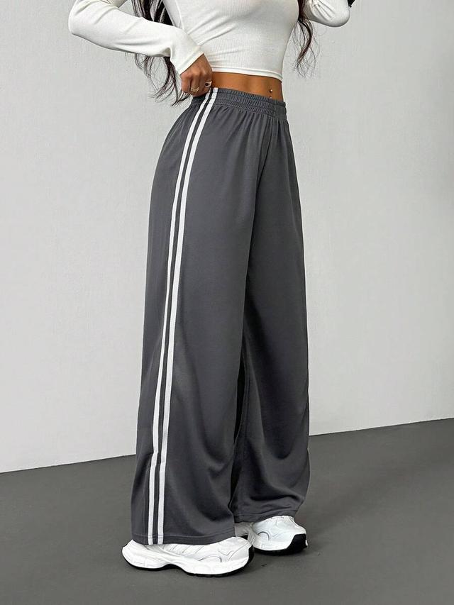casual black side striped wide leg trousers