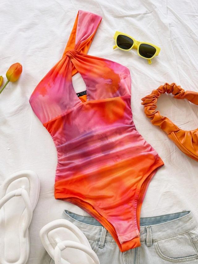 colorful tie dye one-shoulder hollow out fitted bodysuit